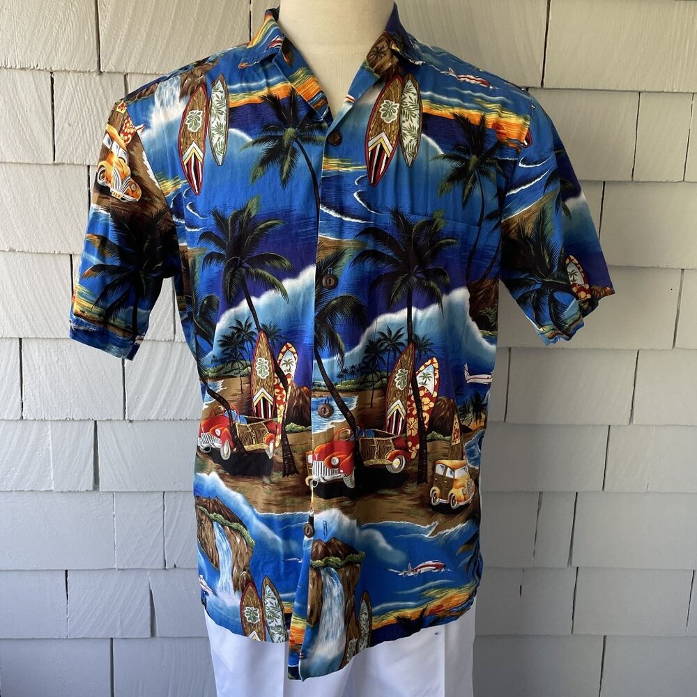 Hawaiian Aloha Moi 100% Cotton Blue Surfboard & Beach Shirt Size L